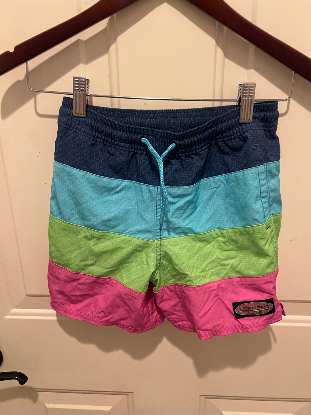 Vineyard vines boys Colorblock Swim Trunks in Navy, Aqua, Lime & Pink sz 7